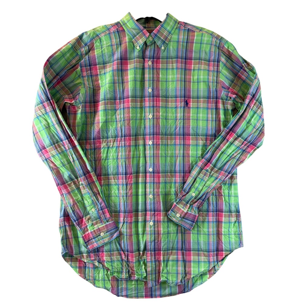 Ralph Lauren Button Down PONY‎ LT TALL Plaid Green Pink Blue Long Sleeve Shirt